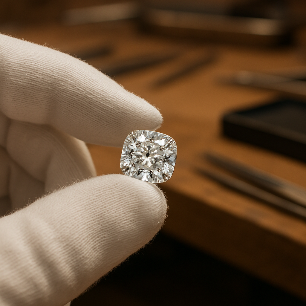 Close-up of a hand holding and checking a cushion cut diamond from Rare Carat, one of the best places to buy natural diamonds online