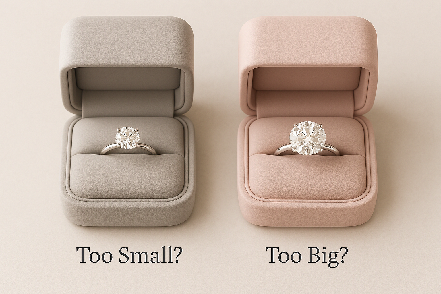 Two engagement rings in open boxes are shown; a smaller diamond in a gray box labeled 'Too Small?' and a larger diamond in a pink box labeled 'Too Big?' from Rare Carat, one of the best places to buy large diamonds (2 carat+)