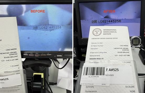 Unclear Diamond Inscription Details (Before) Vs. Now-Clear Diamond Inscription Details after lab correction (After)