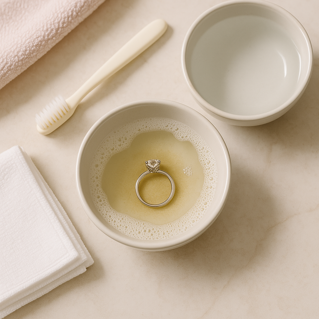 diamond ring soaking in a soap water mixture with an old toothbrush set in the background