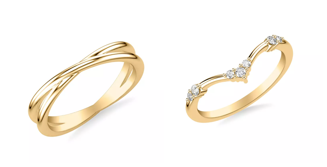 A plain wedding band and a customized diamond wedding ring shown side by side