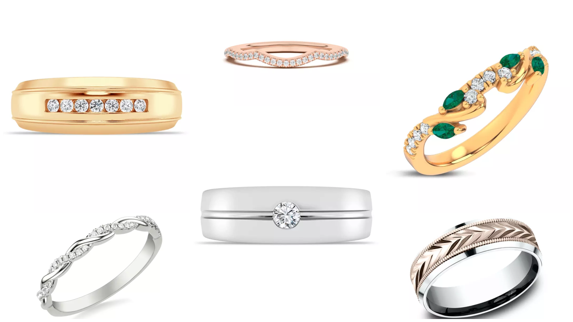 Composite image of the best Black Friday wedding rings and band collection from Rare Carat, featuring various styles