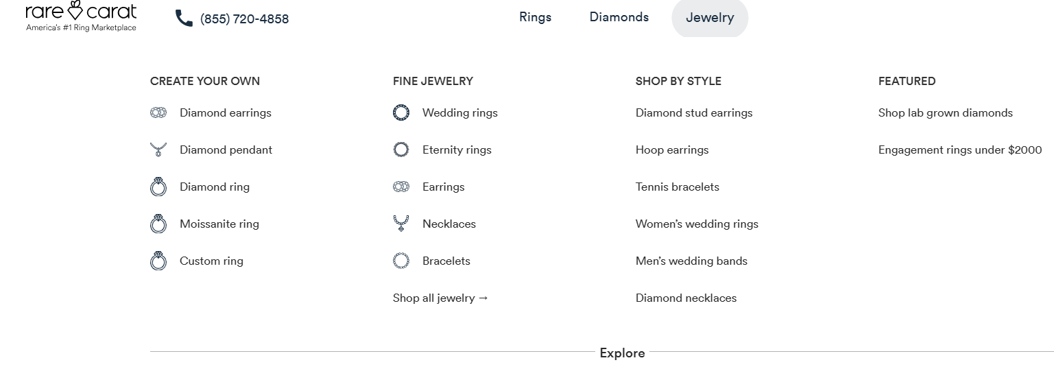 Screenshot of Rare Carat’s homepage showing the expanded Jewelry tab with all categories and subcategories, highlighting why it’s known as the best place to buy diamond jewelry