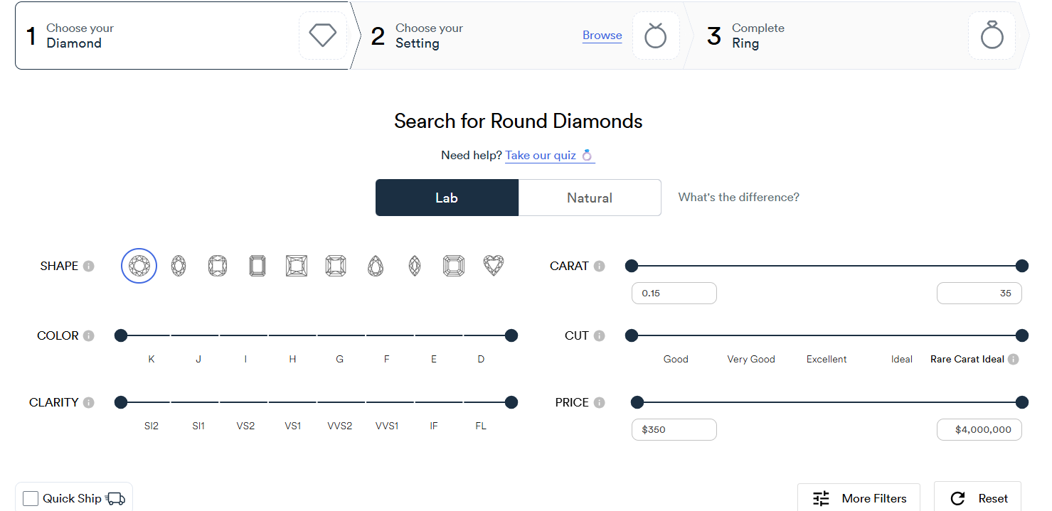 Diamond Search Filters of Rare Carat