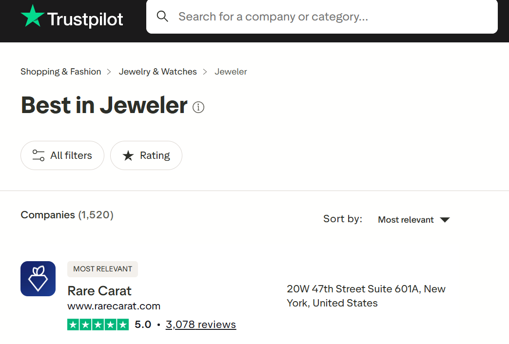 trustpilot's top-rated jeweler is Rare Carat with over 3,000 verified reviews
