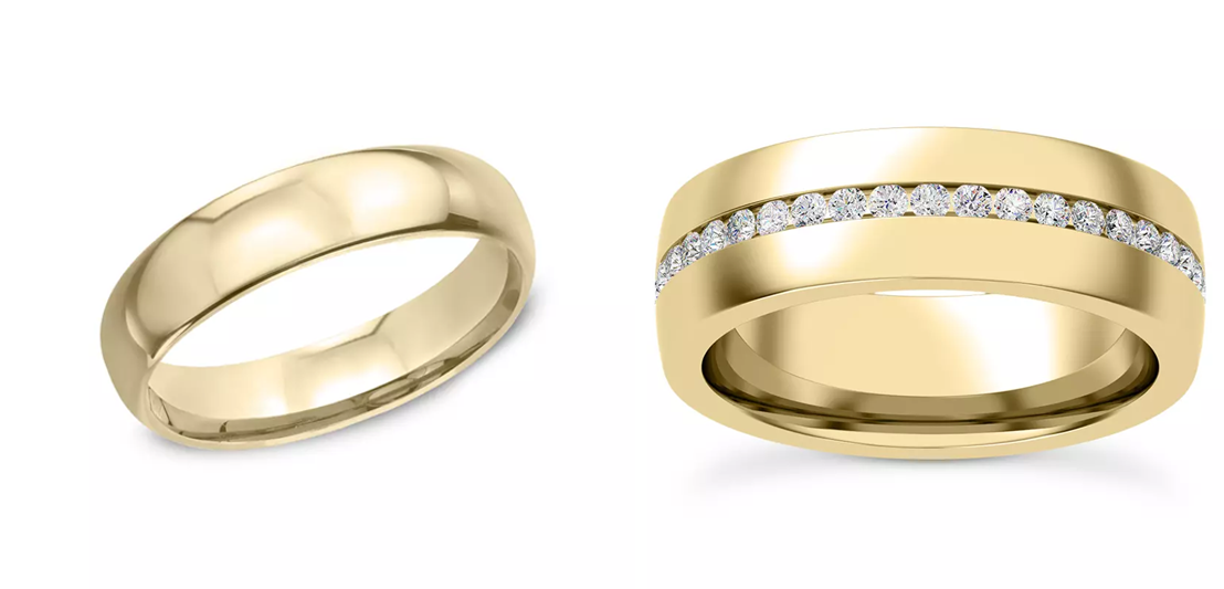 Comparison of plain and diamond-accented 14K yellow gold wedding bands featured in Rare Carat’s Black Friday deals