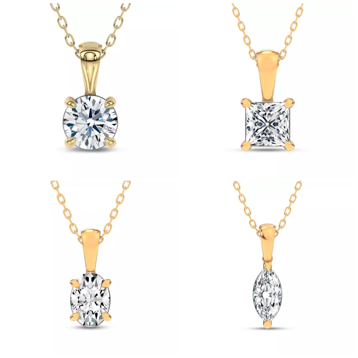 Best-selling Black Friday solitaire diamond pendant with different diamond shapes: Round, Oval, Princess, and Marquise