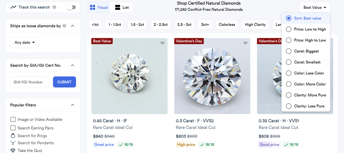 search page comparison with the 'Sort By' option