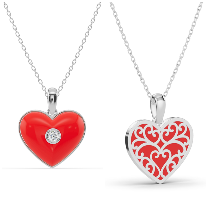 Front and back view of the best-selling Devotion Red Heart Bezel Lab Diamond Silver Necklace for Valentine's Day