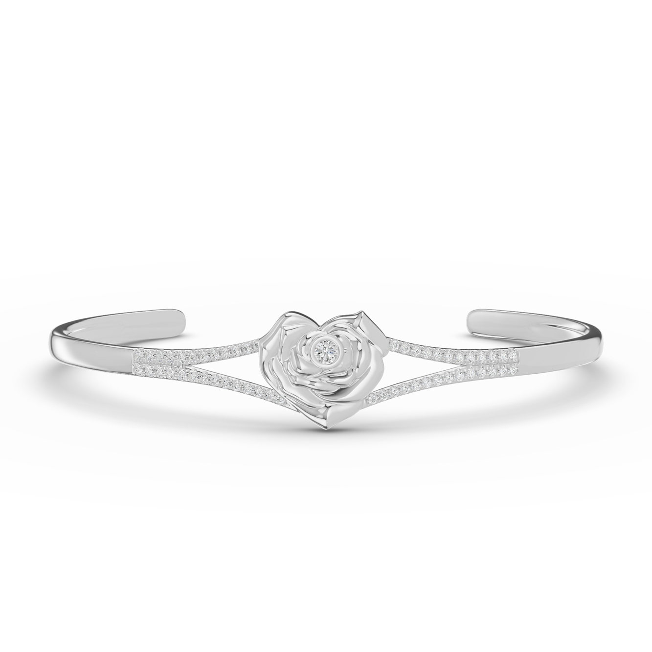 Front view of the Rose Heart Diamond Silver Bangle for Valentine's Day shopping