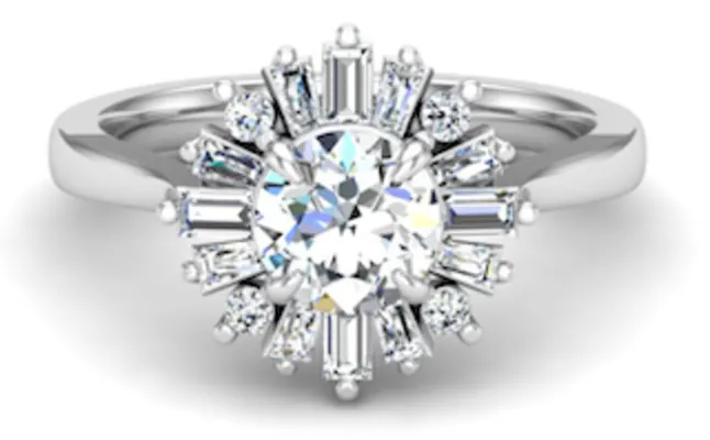 Image of a round brilliant diamond in a white gold ballerina halo setting
