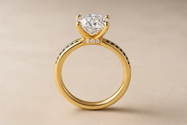 Yellow gold hidden halo setting with oval diamond