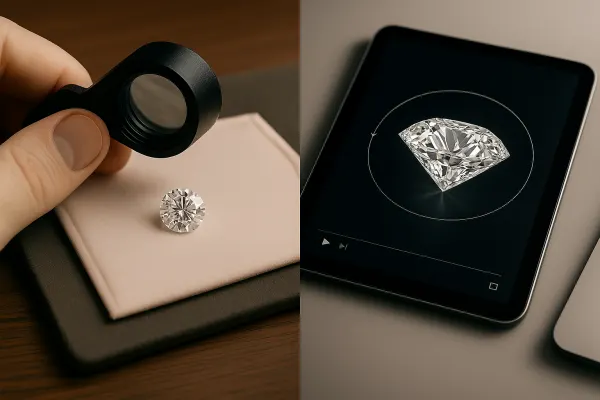 Close-up of a hand holding and checking a cushion cut diamond from Rare Carat, one of the best places to buy certified diamonds