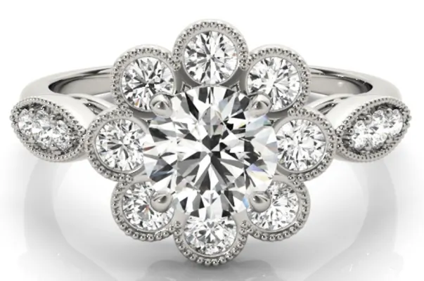 Floral halo diamond ring set in white gold