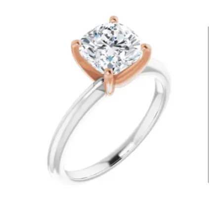 two-tone cushion cut ring - rose gold prongs and white gold shank 