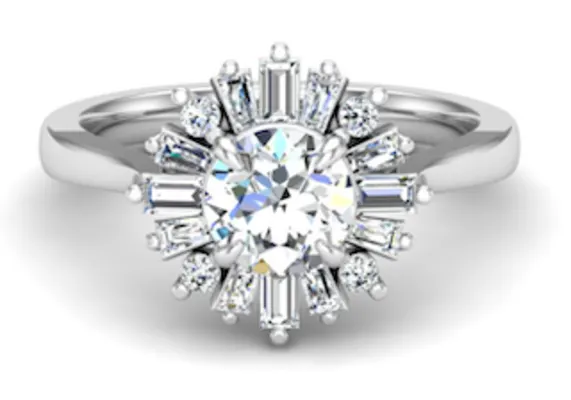 Image of a round brilliant diamond in a white gold ballerina halo setting