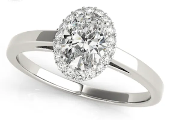 Plain, white gold oval halo diamond ring 