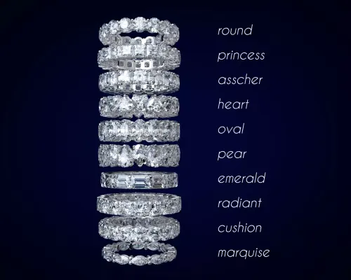a collection of wedding bands shown with different cut shapes