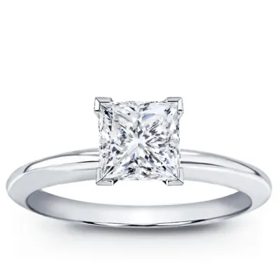 A princess cut solitaire diamond ring in white gold setting