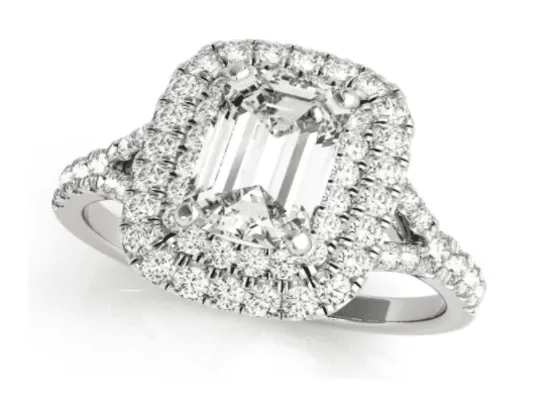 double halo, split shank emerald cut diamond ring in white metal 