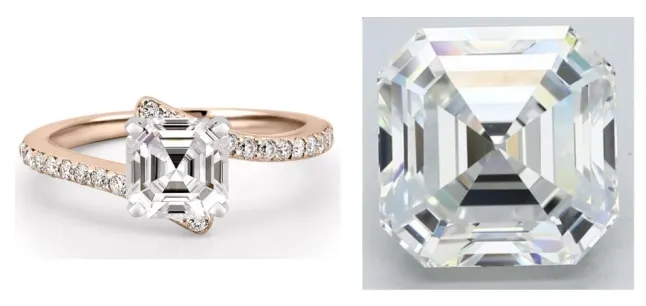 An asscher diamond set in a bypass rose gold ring with pave diamonds down the sides (left); an asscher cut loose diamond showing the facet structure (right)