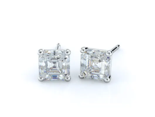 pair of Asscher cut diamond studs in white gold