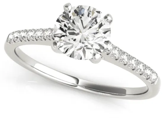 A pave ring setting with a round diamond set in 4 prongs shown in white gold 