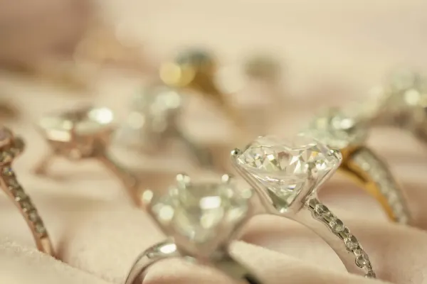 several different ring styles in a showcase up close 