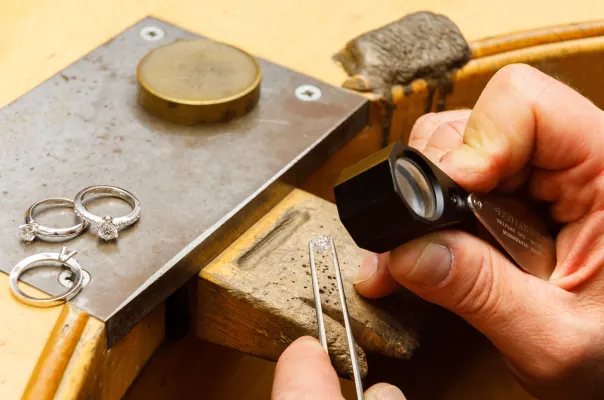 a bench jeweler looking at a diamond with a loupe
