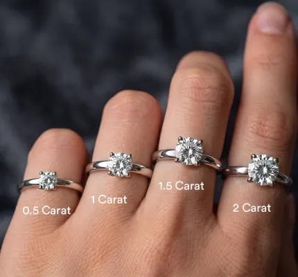 4 similar rings with different diamond carat weights (0.5, 1, 1.5, 2) shown on each finger of a woman's hand