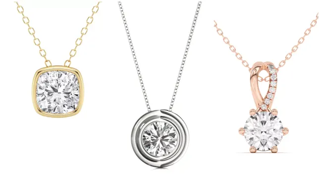 Composite image of bestsellers from Rare Carat, one of the best places to buy diamond solitaire necklaces