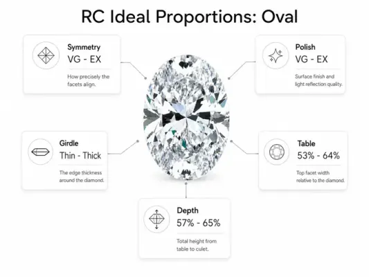 Rare Carat's ideal proportions for an oval cut diamond, highlighting symmetry, polish, girdle, table, and depth