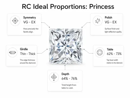 Rare Carat's ideal proportions for a princess cut diamond, highlighting symmetry, polish, girdle, table, and depth