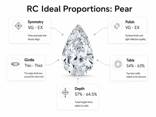 Rare Carat’s ideal proportions for a pear cut diamond, highlighting symmetry, polish, girdle, table, and depth