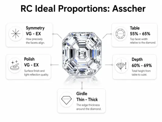 Rare Carat’s ideal proportions for an asscher cut diamond, highlighting symmetry, polish, girdle, table, and depth
