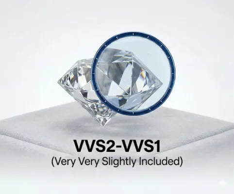Close-up of a diamond viewed through a magnifying loupe, illustrating VVS (very very slightly included) clarity—VVS1 and VVS2—with minimal visible inclusions.