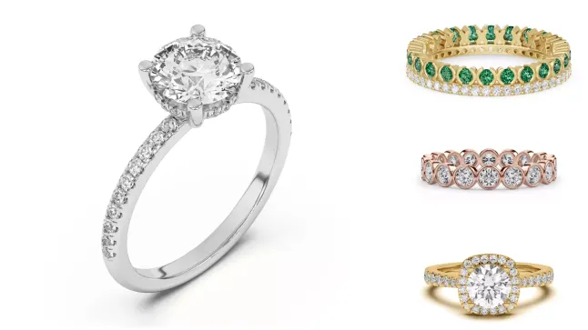 Composite image of bestsellers from Rare Carat, one of the best places to buy affordable engagement rings