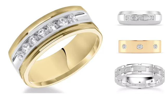 Composite image of men's diamond ring buying guide styles from Rare Carat