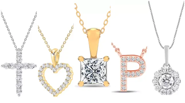 Composite image of different pendant styles from Rare Carat, one of the best places to buy lab diamond pendants