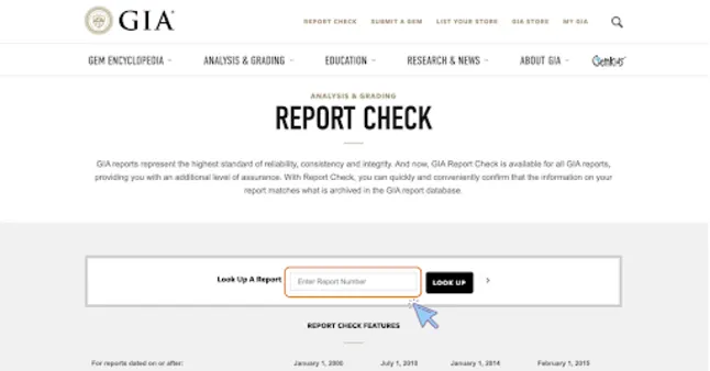 A screenshot of the GIA report check page and where to enter a report number to be checked 