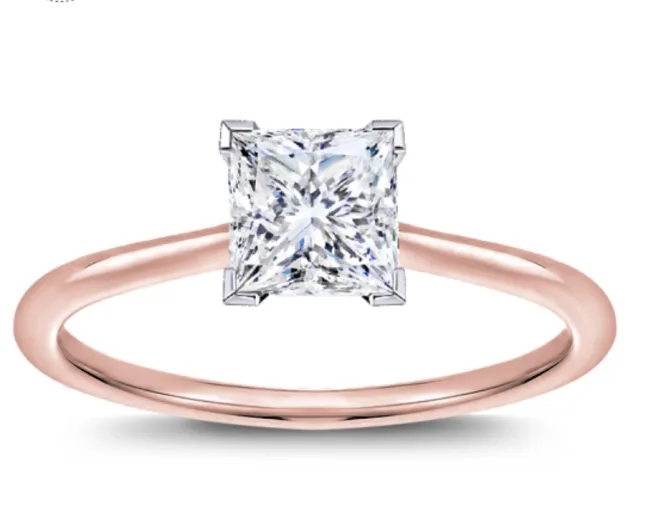 princess cut diamond set in rose gold solitaire setting