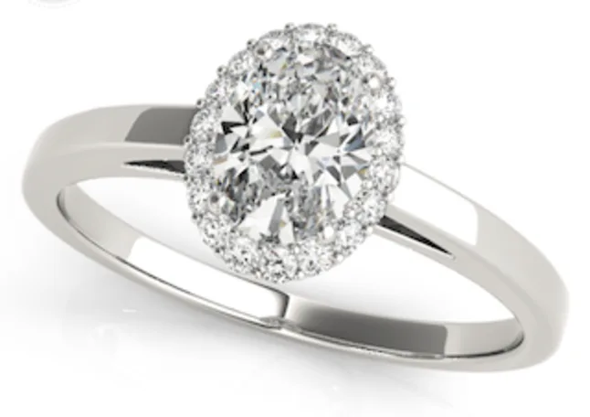 Plain, white gold oval halo diamond ring 