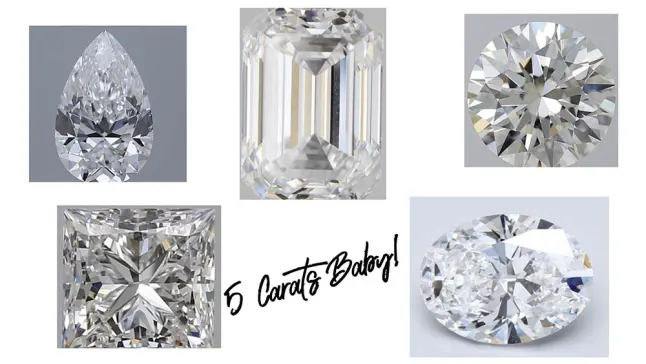 Collection of 5ct diamonds in different shapes- pear, emerald, round, princess, and oval cut diamonds