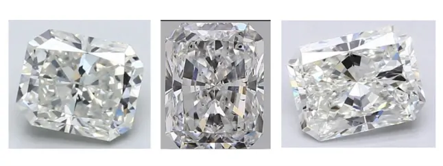 three images side by side of SI clarity grade radiant diamonds