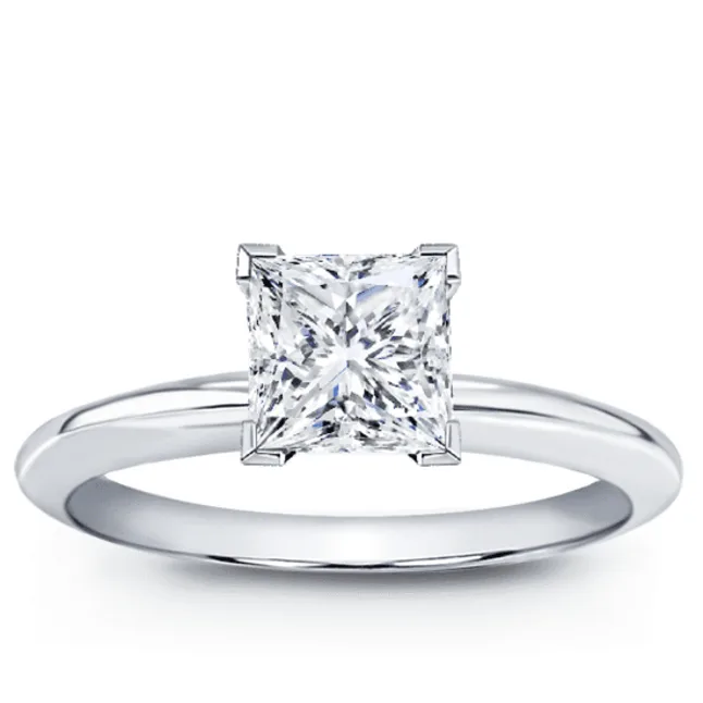 A princess cut solitaire diamond ring in white gold setting