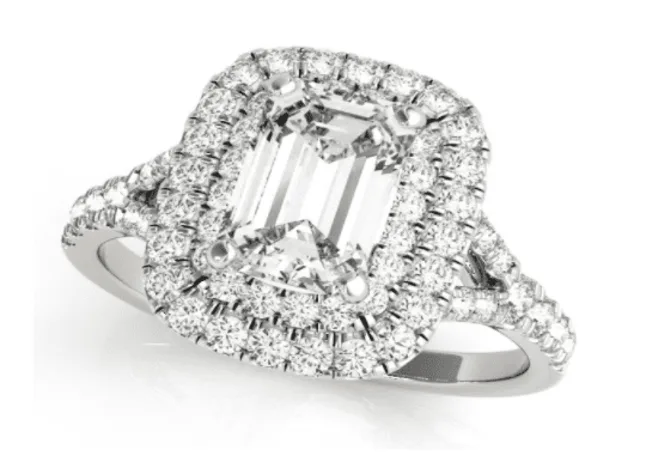 double halo, split shank emerald cut diamond ring in white metal 