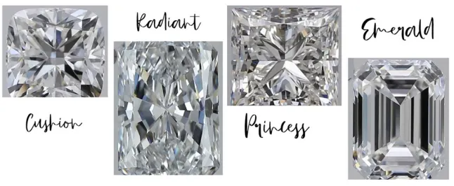 showing 4 images of diamonds in cushion, radiant, princess and emerald cut