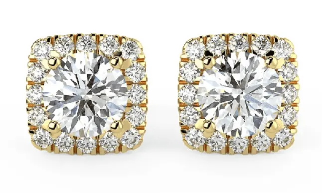 Image of square halo, round brilliant diamond  yellow gold stud earrings