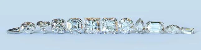 tapered baguette, oval, heart, cushion, asscher, princess, radiant, round, pear, emerald, marquise and straight baguette all in a row