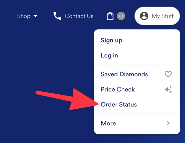 A red arrow pointing to the "Order Status" option in the dropdown menu